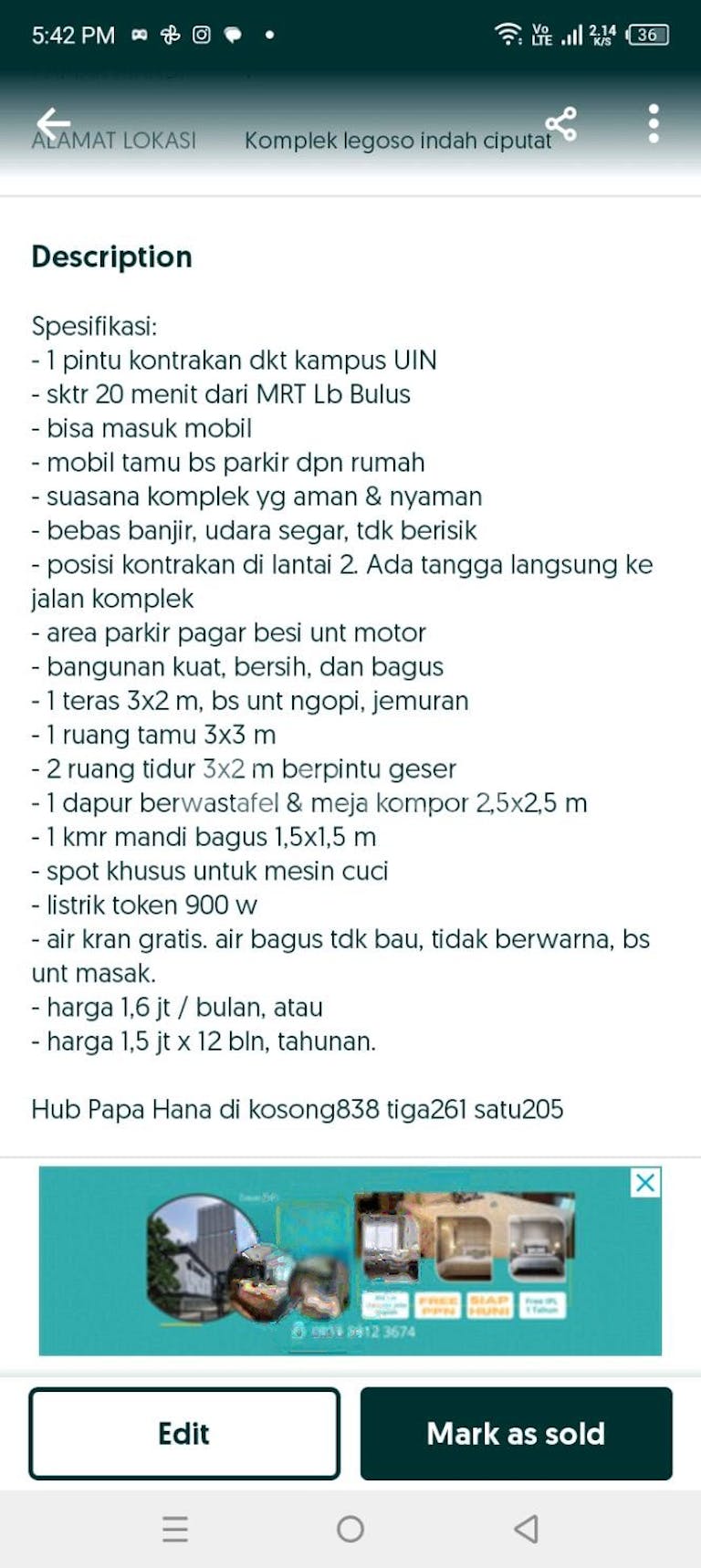 disewakan rumah kontrakan di komplek legoso indah di pisangan - 1